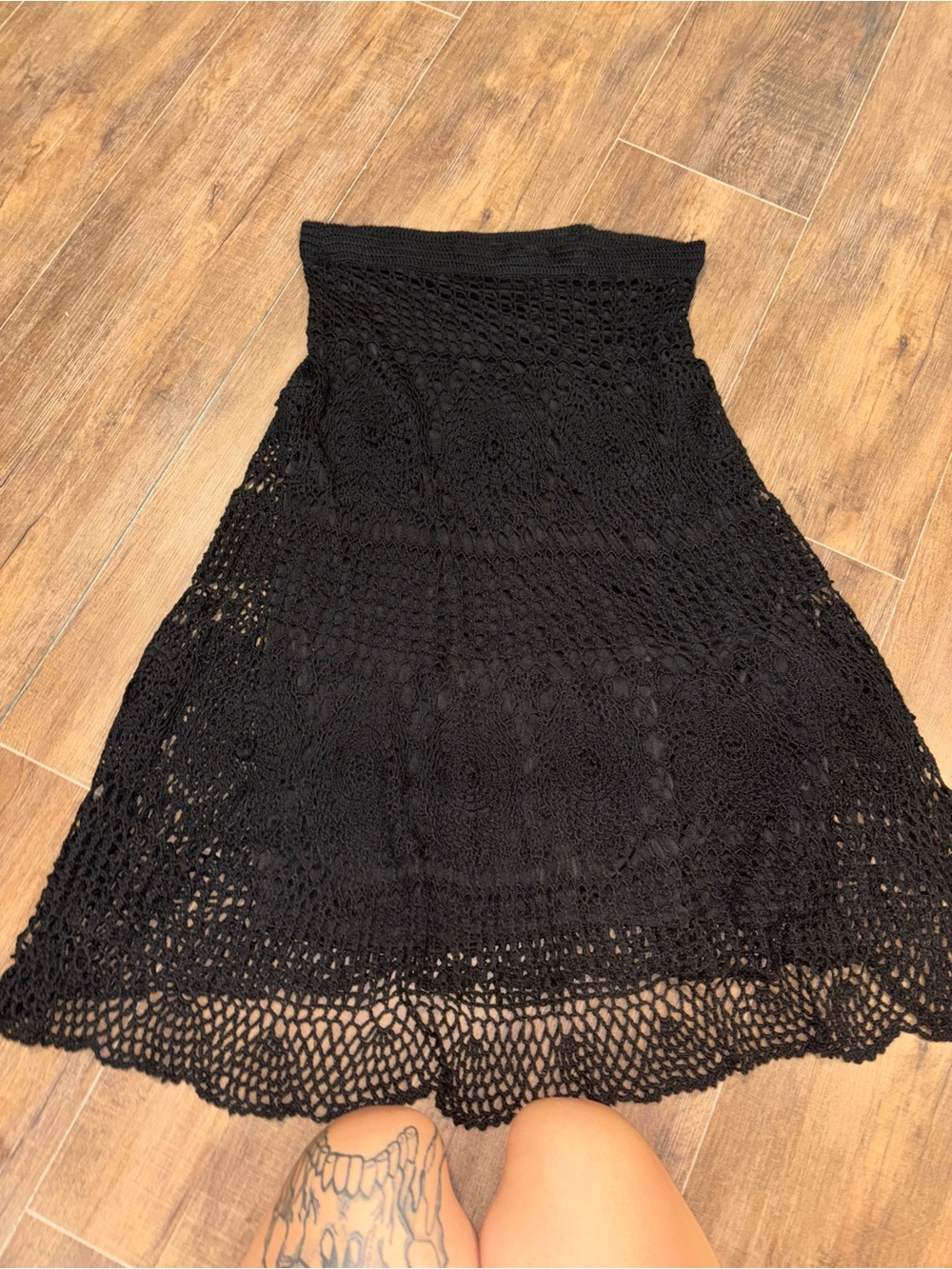 Lapis Size M 30% Wool Maxi Crochet  Doily Design Double Layer Maxi Skirt Black